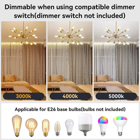 Sputnik Chandeliers 18 Light Large Modern Mid Century Ceiling Fixture With Adjustable Arms Anti Rust Gold Luxury shown with different light temperatures.