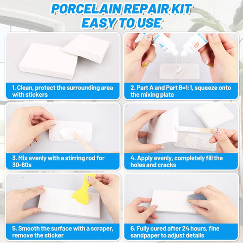 Step-by-step guide for White All In One Bath Repair Kit For Enamel Porcelain Ceramic Tub Sink Shower Tray Tile And Toilet Cracks Chips Holes Scratches With 1 To 1 A And B Resin Mix And Pro Grade Tools For Quick Fix.