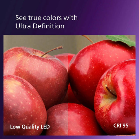 Comparison of apples under Low Quality LED vs LED A21 Dimmable Light Bulbs With EyeComfort Technology, CRI95, 100W equivalent