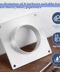 Four Inch Galvanized Steel Duct Connector Flange And Dryer Vent Wall Plate Square To Round Adapter With Included Mounting Screws Built Tough White Plate For No Sweat Hvac Upgrades on a wooden surface.