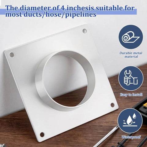 Four Inch Galvanized Steel Duct Connector Flange And Dryer Vent Wall Plate Square To Round Adapter With Included Mounting Screws Built Tough White Plate For No Sweat Hvac Upgrades on a wooden surface.