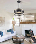 Industrial Caged Low Profile Ceiling Fan With Remote And Dimmable Three Color LED Lights for living room, modern farmhouse style.