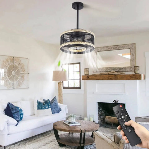 Industrial Caged Low Profile Ceiling Fan With Remote And Dimmable Three Color LED Lights for living room, modern farmhouse style.