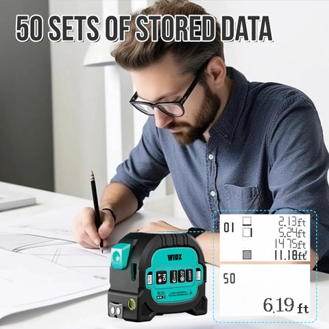 3-In-1 Laser Tape Measure With Cross Line, 196ft Rangefinder, 16ft Auto-Lock Magnetic Tape, Converts Inches Feet Meters And Linear Area Volume For DIY Pros, Woodworking And Construction Layouts. man using laser tape measure for drafting