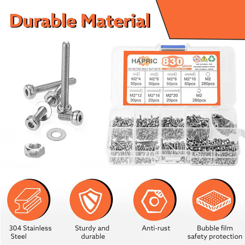 M2 Screws Assortment Kit With 304 Stainless Steel Hex Socket Head Screws, Nuts, Bolts, And Washers In M2x4mm To M2x20mm