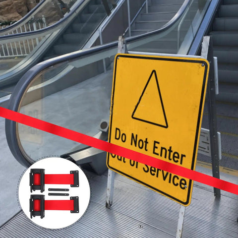 Heavy Duty Retractable Belt Barrier Wall Mounted Crowd Control Divider Featuring Smooth Gliding Telescoping Tape used to block escalator access.