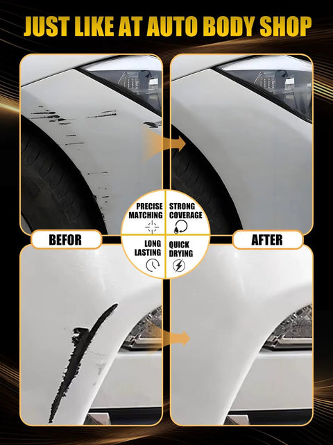 Before and after using Car Paint Touch Up Pen For Scratch Repair In Champagne Gold on a car's scratched body panel.