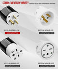 Various locking cord plugs and connectors including 66220-BK NEMA 6-15P and 66223-W NEMA 6-15FI models in black and white.