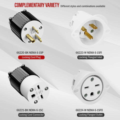 Various locking cord plugs and connectors including 66220-BK NEMA 6-15P and 66223-W NEMA 6-15FI models in black and white.