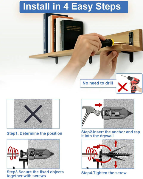 Installing shelf using 160 Piece Black Drywall Anchors And Screws Kit with four-step guide illustration