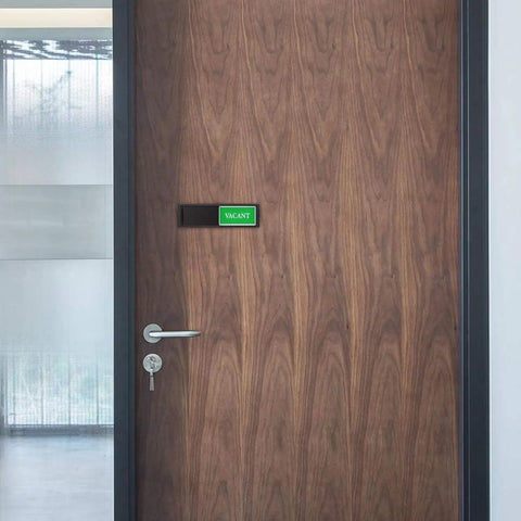 Easy Read Vacant Occupied Door Sign For Home Office Bathroom Restroom Hotel Hospital No Fuss Privacy Indicator With Magnetic Slider shown on a wooden door