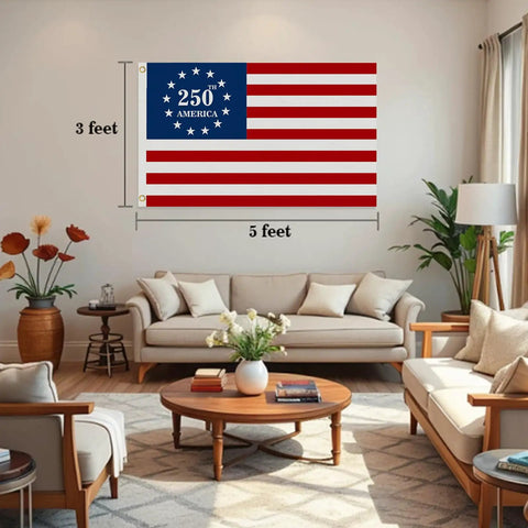Double Sided 3 Ply 250th Anniversary American Flag 3 By 5 Feet Indoor Outdoor Patriotic Decor 1776 2026 hanging in modern living room