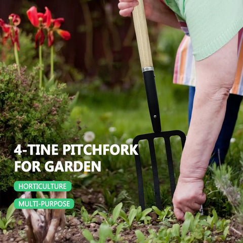 Person using Heavy Duty 45 Inch Garden Fork 4 Tine Pitchfork With Forged Steel Y Grip And Solid Wood Handle Spading Digging Fork in garden bed.