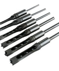 6 Piece Square Hole Mortise Drill Bit Set For Woodworking Pro Grade HSS High Speed Steel Mortise Chisel Bits arranged on white