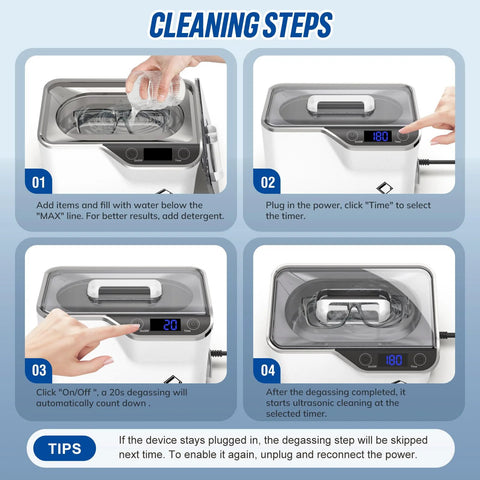 LifeBasis white ultrasonic jewelry cleaner with digital timer and 600ml capacity, for rings, coins, watches.
