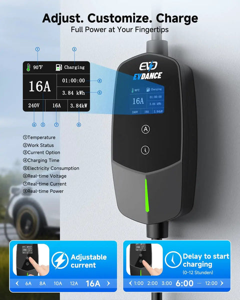 Portable Level 1 and 2 EV Charger With 25ft Cable, 16A, 110-240V, showing adjustable current and LED display features.