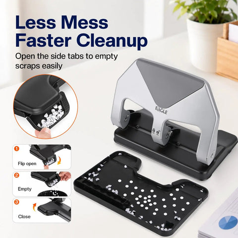 Heavy Duty Lever Action Paper Punch, 50 Sheet Capacity For Three Ring Binders, showing easy scrap disposal feature.