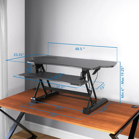 Standing Desk Converter 48 Inch Wide Sit Stand Desk Riser With Dual Gas Spring Handles, Height Adjustable From 6 To 19.25 Inches, Black