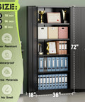 Heavy Duty 72 Inch Metal Storage Cabinet With 4 Adjustable Shelves And 2 Doors For Garage Workshop Office Or Home Black Durable Steel Tool Organizer And More, featuring office supplies and trophies on shelves