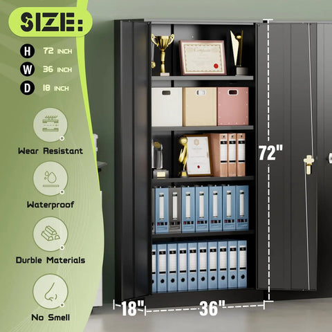 Heavy Duty 72 Inch Metal Storage Cabinet With 4 Adjustable Shelves And 2 Doors For Garage Workshop Office Or Home Black Durable Steel Tool Organizer And More, featuring office supplies and trophies on shelves
