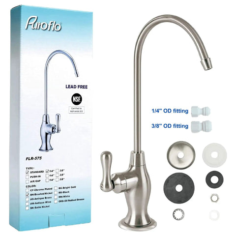 Brushed Nickel Reverse Osmosis Faucet No Air Gap For Under Sink Water Filtration System NSF Certified Lead Free Drinking Water Tap For RO Unit FLR575BN For Homes with installation accessories shown.