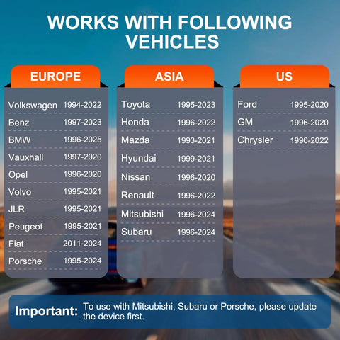 OBD2 Scanner For ABS SRS And Transmission, Works with Europe, Asia, US vehicles 1994-2024 compatible list