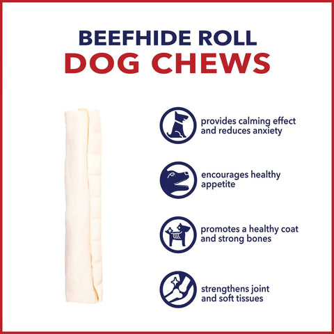 Thick American Beefhide Dog Chew Rolls 8-9 Inch Natural Flavor Long Lasting Rawhide Treats For Aggressive Chewers product benefits.