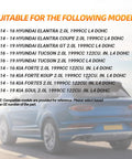 Rear view of a blue convertible car with text listing compatible models for the Engine Timing Chain Kit Fits 2.0L L4 Cars Like Elantra Coupe Tucson Kia Soul Forte Koup Replacement With CVVT Intake And Exhaust Gears 24321-2E200 24350-2E201 24370-2E200 Durable Easy Install.