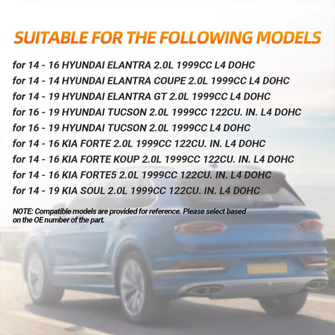 Rear view of a blue convertible car with text listing compatible models for the Engine Timing Chain Kit Fits 2.0L L4 Cars Like Elantra Coupe Tucson Kia Soul Forte Koup Replacement With CVVT Intake And Exhaust Gears 24321-2E200 24350-2E201 24370-2E200 Durable Easy Install.