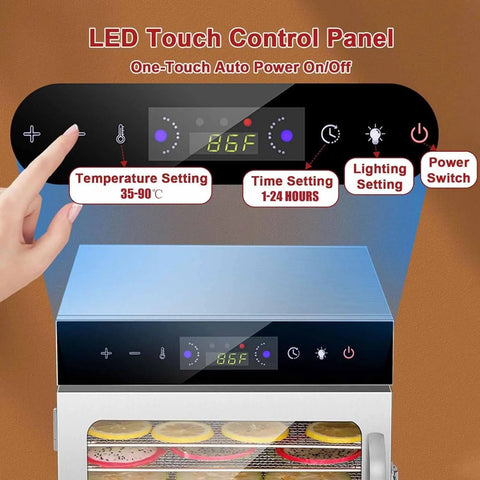 Built Tough Eight Tray Food Dehydrator Large Capacity Machine With Stainless Steel Racks Smart Temperature Control panel close-up.