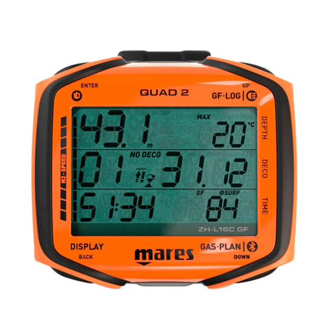 Quad 2 Smart Wrist Dive Computer With Buhlmann ZH L16C Algorithm in orange, displaying depth, time, and deco information