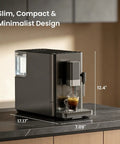 Hella Smooth 20 Bar Automatic Espresso Machine Featuring Built In Grinder And One Touch Brew For Single Double Shots Or Americanos With Smart Alerts And No Fuss Maintenance in sleek black, 12.4" height, minimal design.