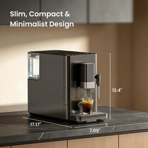 Hella Smooth 20 Bar Automatic Espresso Machine Featuring Built In Grinder And One Touch Brew For Single Double Shots Or Americanos With Smart Alerts And No Fuss Maintenance in sleek black, 12.4" height, minimal design.