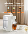Instant Hot Water Dispenser For Quick Pouring And Fast Boil With 3 Temp Settings And 5 Water Volume Levels Removable Eight Tenths Gallon Tank BPA Free Perfect For Tea Coffee Ramen And More, shown dispensing into a glass next to tea cups.