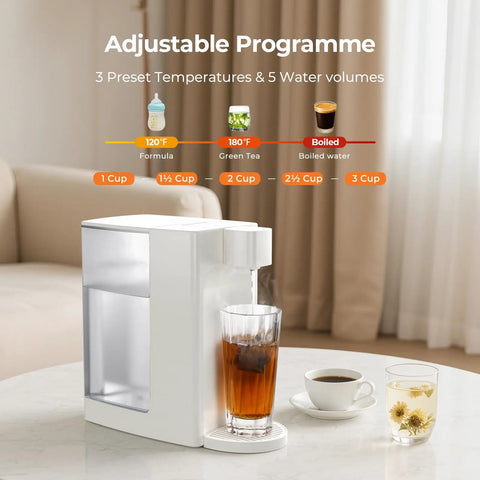 Instant Hot Water Dispenser For Quick Pouring And Fast Boil With 3 Temp Settings And 5 Water Volume Levels Removable Eight Tenths Gallon Tank BPA Free Perfect For Tea Coffee Ramen And More, shown dispensing into a glass next to tea cups.