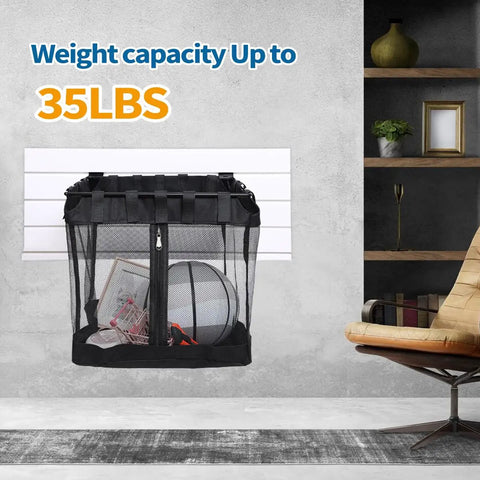 Front view of Two Pack Large Mesh Slatwall Baskets With Zipper For Mounted Storage And Hanging Display shown in a room setting.
