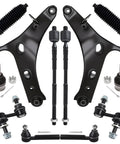 Bolt On Front End Suspension Kit For 2014 To 2018 Subaru Forester Includes 2 Front Lower Control Arms 2 Front Lower Ball Joints 2 Front Outer Tie Rod Ends 2 Front Inner Tie Rod Ends And 2 Sway Bar Links For A Smooth Confident Ride., black front suspension parts kit on white background