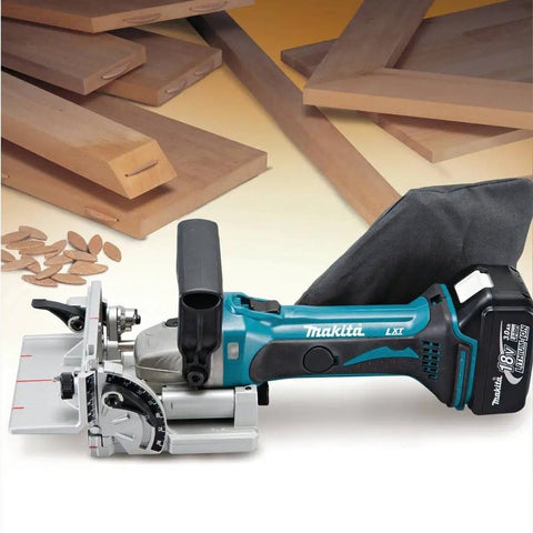 18V LXT Cordless Plate Joiner with Rack and Pinion Fence, Aluminum Pivot Fence, woodworking tool with biscuits and wood pieces