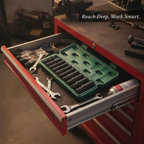 Rock Solid Chrome Vanadium Steel 11 Piece Extended Socket Set With Hex Bit Adapter And Deep Reach Tool Kit For Heavy Duty Auto Repair And Machinery Jobs Ranging From 10mm To 24mm That Will Rock Your World Today, in drawer
