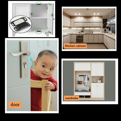 Collage showing uses for Stainless Steel Black Magnetic Cabinet Door Catch Set 4 Pack Magnetic Door Latches For Cabinets Closets Cupboards Drawers And Kitchen Rust Resistant Easy Install Sturdy Strong Hold No Frills