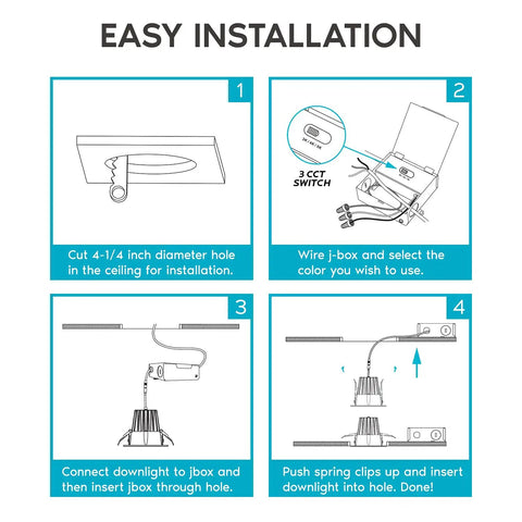 Installation guide for Square 4 Inch LED Recessed Lighting With Junction Box, 15W, 3 color options, step-by-step instructions.