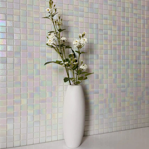 Rainbow Peel And Stick Glass Tile Backsplash Kit For Kitchen And Bathroom, 40 sheets of 6.6 inch by 6.6 inch white mosaic tiles wall