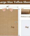Three Pack PTFE Nonstick Heat Press Sheets, 16 By 20 Inch, showing size comparison with hands and A4 paper, reusable craft mat.
