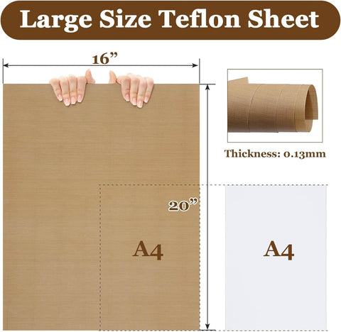 Three Pack PTFE Nonstick Heat Press Sheets, 16 By 20 Inch, showing size comparison with hands and A4 paper, reusable craft mat.
