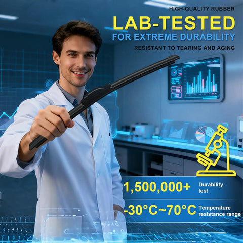 Lab technician holding Premium Full Coverage Windshield Wiper Blade Set Compatible With 2022 Through 2025 Mitsubishi Outlander And Phev.