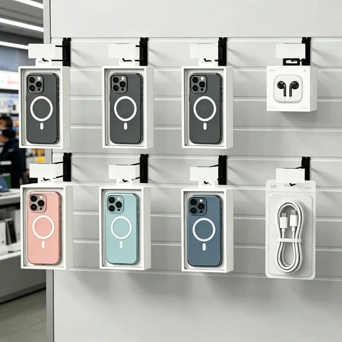 24 Pack Slatwall Hooks With Built In Price Tag Holder, Heavy Duty Metal Slatwall Accessories displaying phone cases in retail store