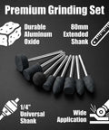 Extra Long 1/4 Inch Shank Aluminum Oxide Grinding Stones Set of 8 for Rotary Tools and Drills displayed on black surface