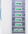 Zero Hassle 9.5 Cubic Foot Upright Vaccine All Freezer Rock Solid Medical Pharmacy Cold Storage with open door showing shelves.