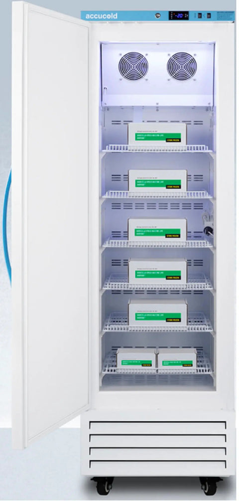 Zero Hassle 9.5 Cubic Foot Upright Vaccine All Freezer Rock Solid Medical Pharmacy Cold Storage with open door showing shelves.