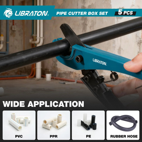 LIBRATON pipe cutter box set, blue 5-piece tool kit for copper, PEX, PVC tubes